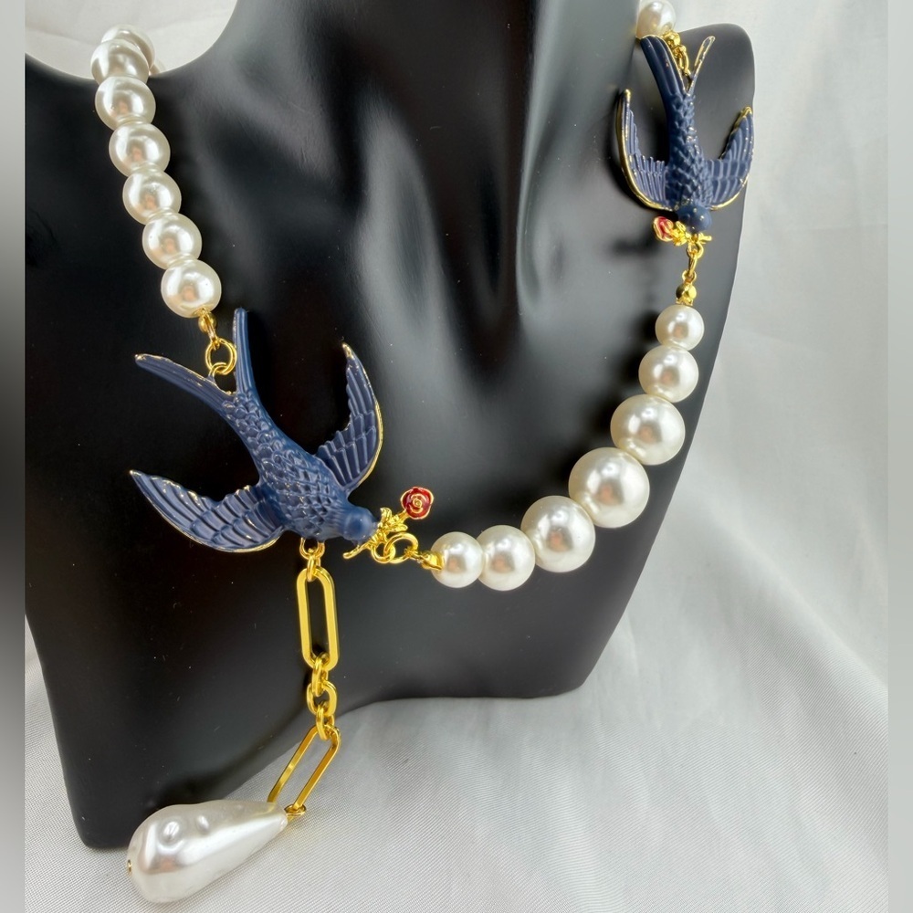 Anthropologie Blue Swallow Pearl Statement Necklace Gold Accent